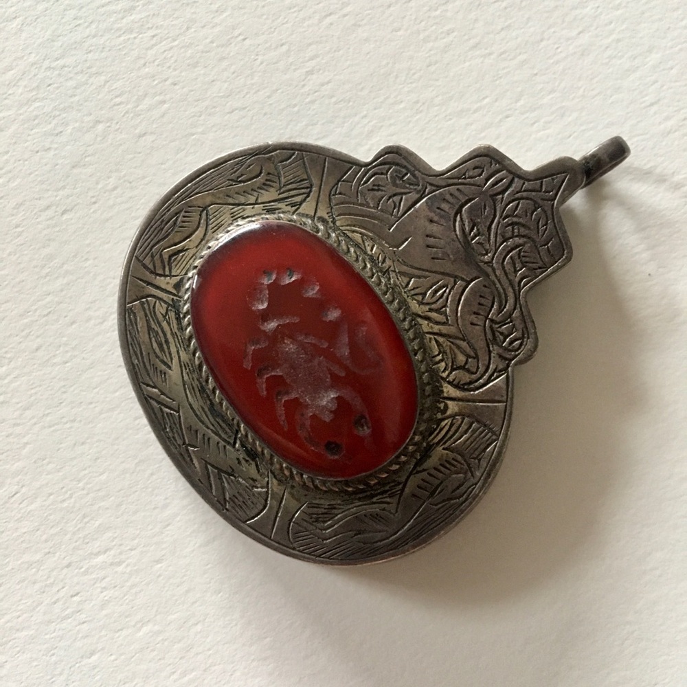 Vintage Afghani Silver Plate Carnelian Scorpion Pendant